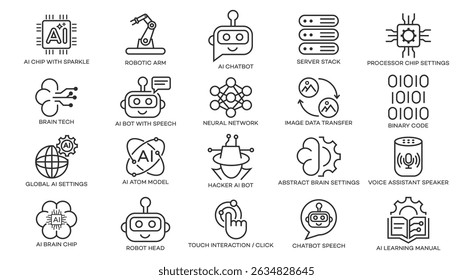A collection of line icons depicting various AI concepts robots, chatbots, neural networks, chips, binary code, and more. Simple, modern style.