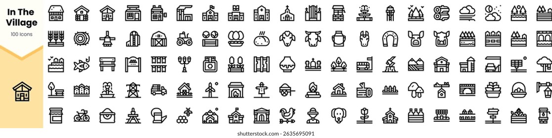 A collection of line icons depicting various village life elements, including houses, farms, and local landmarks, showcasing a rural and community-centric lifestyle.