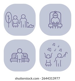 Collection of line icons depicting various activities involving elderly individuals. Companionship, leisure, and enjoyment concept