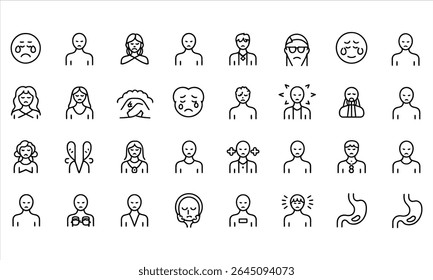 Coleção de ícones de linha que retratam várias emoções negativas e sintomas físicos