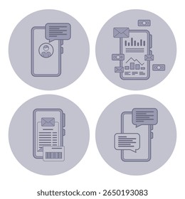 Collection of line icons depicting various aspects of mobile communication. Messaging, notifications, data display, and user engagement on smartphones