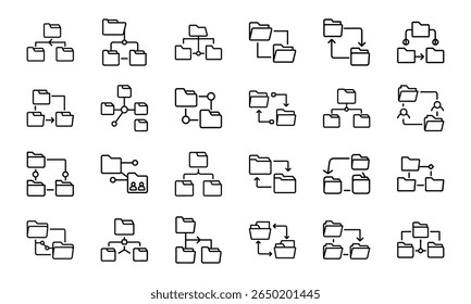 Coleção de ícones de linha que ilustram vários conceitos de estrutura de arquivos e organização de dados