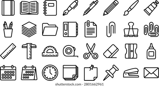 A collection of line icons depicting various office supplies and stationery items