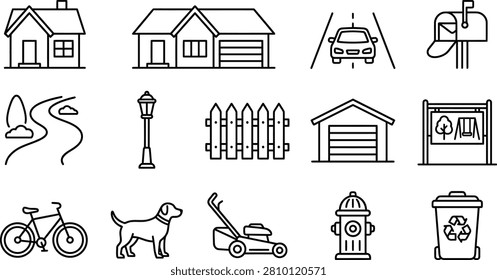 A collection of line icons depicting various suburban neighborhood elements and objects