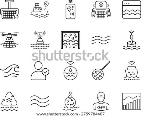 A collection of line icons depicting various objects and symbols related to oceanography, marine technology and environmental conservation efforts at sea