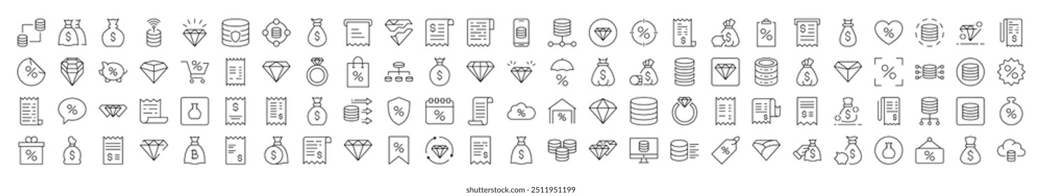 Collection of Line Icons of Dollar, Receipt, Diamond, Percent. Editable Stroke. Minimalistic Linear Pictogram for Design of Cards, Apps, Banners, Posts