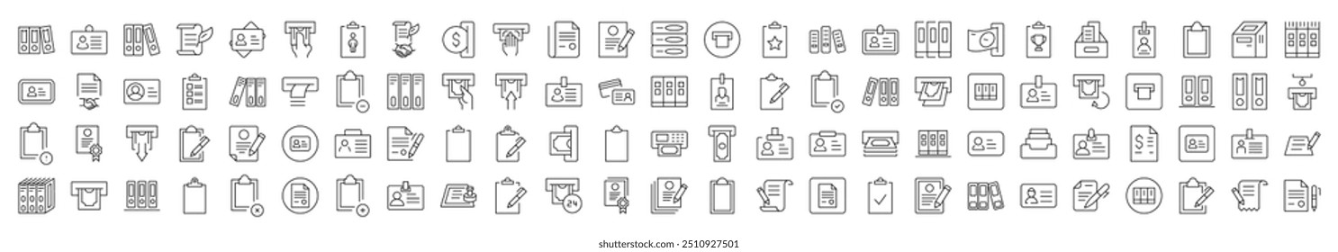 Collection of Line Icons of Employee Badge, Documents, Clipboard, ID Card. Editable Stroke. Minimalistic Linear Pictogram for Design of Cards, Apps, Banners, Posts