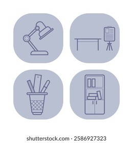 Collection of line icons with essential business items, including desk lamp, table, easel with chart, and storage cabinet. Ideal for workspace design