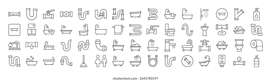 Coleção de ícones de linha de torneira, tubos, banheiro, WC. Pictograma Linear Minimalista para Web e Design Gráfico, Aplicações, Banners, Rede Social e Cartões