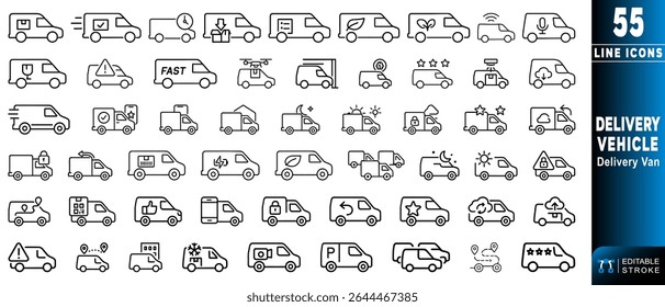 Collection of line icons features delivery vehicles in different styles, showcasing symbols for speed, packages, and various delivery services. Ideal for logistics and transportation needs.