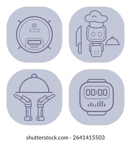Collection of line icons featuring various kitchen tools, including robotic vacuum, chef robot, food cover, and smart watch used for cooking