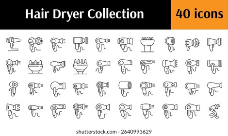 Collection of Line Icons of Hair Dryer. Minimalistic Linear Pictogram for Web and Graphic Design, Apps, Banners, Social Network and Cards