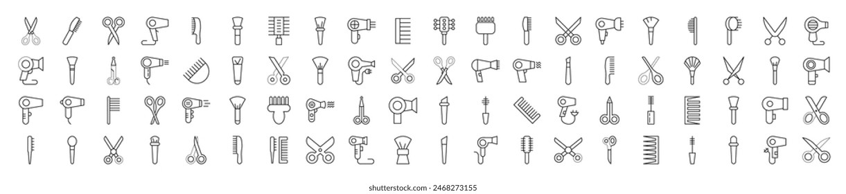 Collection of Line Icons of Hairbrush, Hairdryer, Cosmetic Brush, Scissors for Adverts. Suitable for books, stores, shops. Editable stroke in minimalistic outline style. Symbol for design 