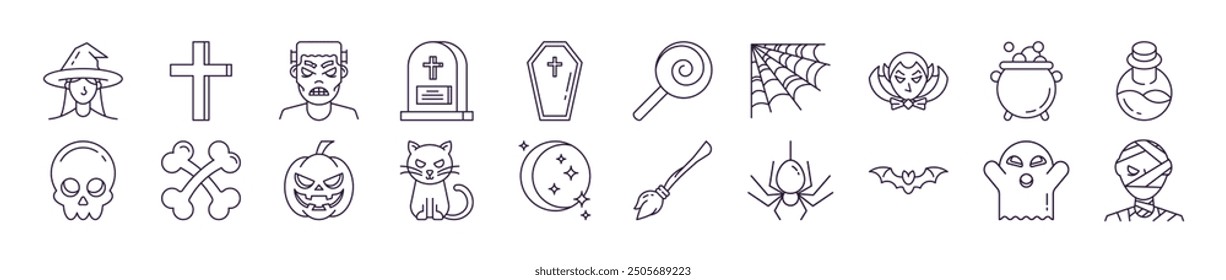 Collection of Line Icons of Halloween. Suitable for books, stores, shops. Editable stroke in minimalistic outline style. Symbol for design