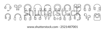 Collection of Line Icons of Headphones and Earphones. Editable Stroke. Minimalistic Linear Pictogram for Design of Cards, Apps, Banners, Posts 