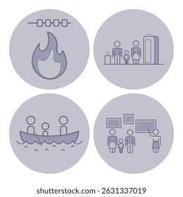 Collection of line icons illustrating diverse activities, including outdoor camping, family gatherings, water activities, and educational engagements