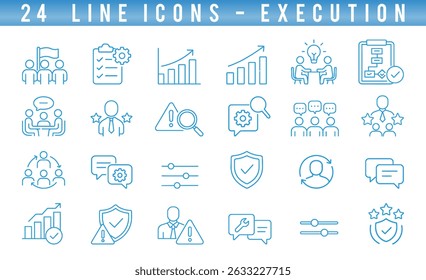 Collection of line icons illustrating execution concepts including collaboration, strategy, analysis, and feedback. Ideal for enhancing presentations and business communications