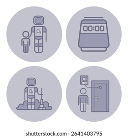 Collection of line icons illustrating futuristic themes, including humanoid robot, timer, robot cleaner, and doorway leading to various activities or tasks