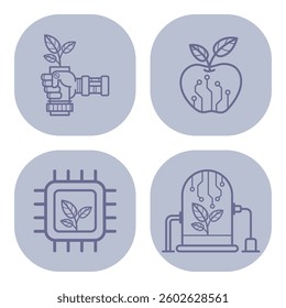 Collection of line icons illustrating intersection of technology and nature. Plants and technology, symbolizing innovation