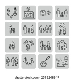 Collection of line icons illustrating various family interactions, emotional expressions, health activities, and community engagement, represented in minimalist style