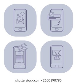 Collection of line icons illustrating various mobile activities including messaging, payment processing, data entry, and notifications on smartphones in simple design style