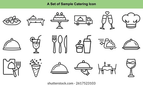 Collection of line icons including dish, fork, spoon, catering truck, champagne, chef hat, wine, and dessert, all on a clean white background.