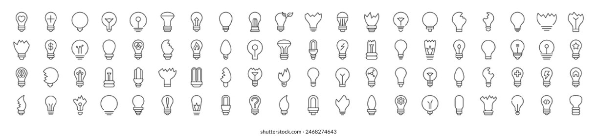 Collection of Line Icons of Lightbulbs for Adverts. Suitable for books, stores, shops. Editable stroke in minimalistic outline style. Symbol for design 