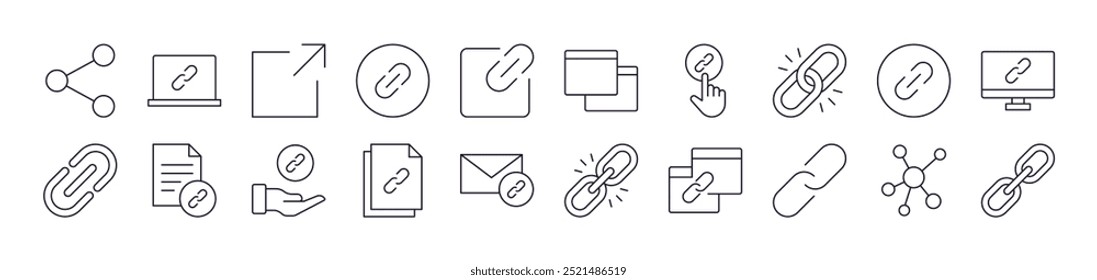 Collection of Line Icons of Link and Share. Editable Stroke. Minimalistic Linear Pictogram for Design of Cards, Apps, Banners, Posts