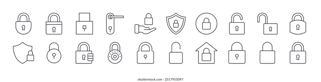 Collection of Line Icons of Lock. Editable Stroke. Minimalistic Linear Pictogram for Design of Cards, Apps, Banners, Posts