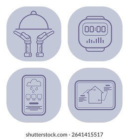 Collection of line icons with modern technology for everyday activities. Smart watch, smartphone with weather details, and smart home control imagery