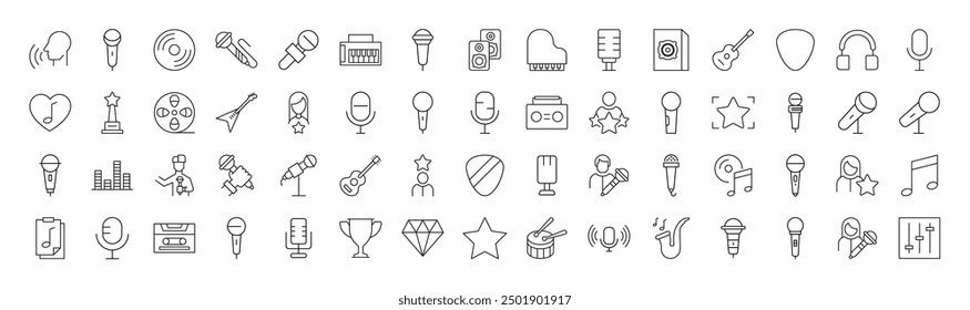 Collection of Line Icons of music, singer, microphone for Adverts. Suitable for books, stores, shops. Editable stroke in minimalistic outline style. Symbol for design 