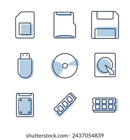 collection of line icons on the theme of computer storage media