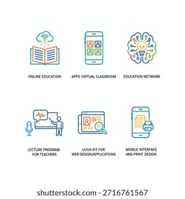 Eine Sammlung von Liniensymbolen für Online-Lernen, Apps, virtuelle Klassenräume, Bildungsnetzwerke und Lehrer-Vorlesungsprogramme sowie ein UI-UX-Kit für Web-, App-, Mobil- und Druckdesign