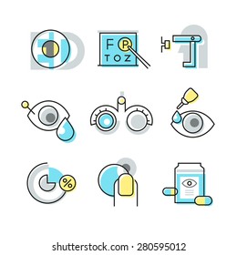 Collection of line icons of optometry, vision correction, eyes exam and diagnostics, eyes health care. Modern style illustration pictogram symbol concepts