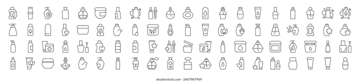 Kollektion von Line Icons von Parfüm, Duschgel, Shampoo, Creme. Geeignet für Bücher, Geschäfte, Geschäfte. Bearbeitbarer Strich im minimalistischen Gliederungsstil. Symbol für Design 