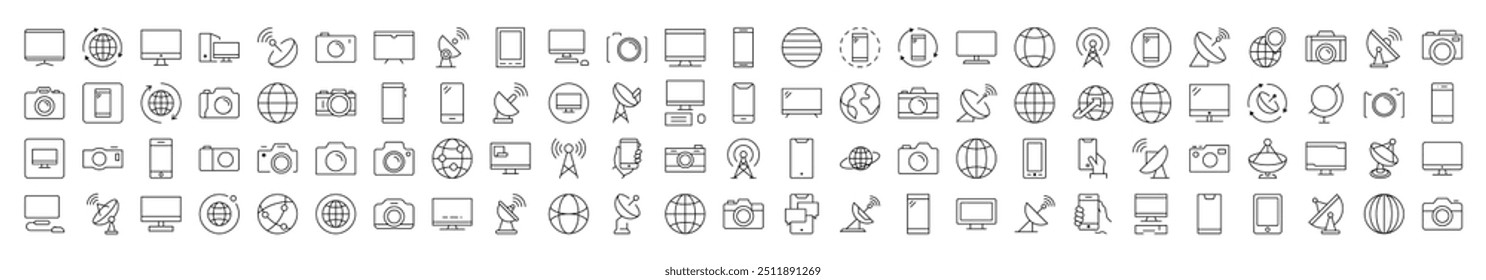 Coleção de ícones de linha de câmera fotográfica, globo, computador, localizador de rádio, telefone. Traço editável. Pictograma Linear Minimalista para Design de Cartões, Aplicativos, Banners, Posts