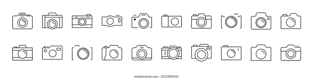 Colección de los iconos de línea de la cámara de fotos. Trazo Editable. Pictograma lineal minimalista para el diseño de tarjetas, App, Anuncios, publicaciones