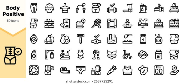 A collection of line icons promoting body positivity, featuring fitness, nutrition, and wellness symbols. Each icon represents self-love and diversity in body shapes.