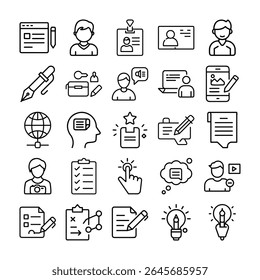 Uma coleção de ícones de linha relacionados à criação de conteúdo, perfis de usuário e gravação.