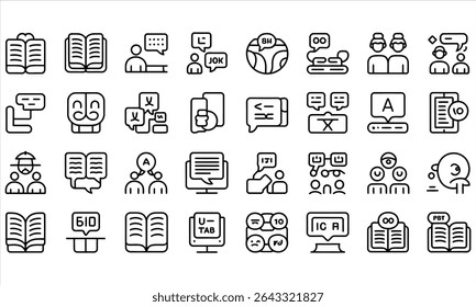 Collection of line icons related to language learning and communication