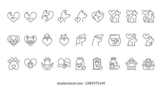 Collection Of Line Icons Related To Love For Pets, Including Dogs, Cats, Rabbits, And Fish. Outline Vector Symbols