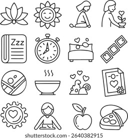 A collection of line icons related to wellness, nature, and healthy lifestyle.