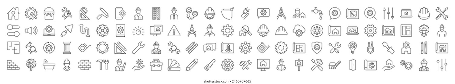 Collection of Line Icons of Repair, Renovation, Building, Construction. Suitable for books, stores, shops. Editable stroke in minimalistic outline style. Symbol for design 