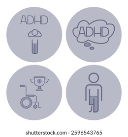 Collection of line icons representing ADHD awareness, including thoughts, achievement, and mobility challenges