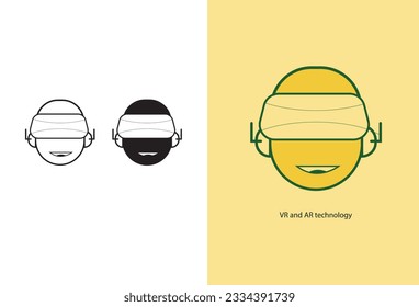 
A collection of line icons representing AR and VR technologies, isolated on a white background. These outline icons depict virtual and augmented reality concepts and are suitable for various