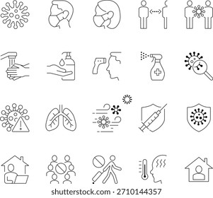 Colección de los íconos de líneas que representan las medidas de prevención del resfriado y la gripe, incluidos los conceptos de higiene, salud y medicina para la prevención de enfermedades.