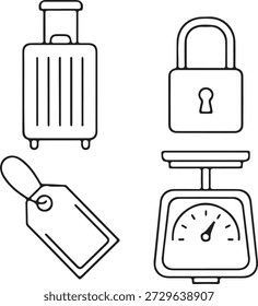 Uma coleção de ícones de linha que representam itens comuns relacionados a viagens. Apresenta uma mala de bagagem com rodas, um cadeado seguro, uma etiqueta de bagagem para identificação e uma balança de pesagem, ilustrando os aspectos essenciais para o planeamento da viagem.