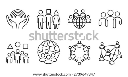 A collection of line icons representing concepts of diversity, inclusion, global community, teamwork, and social networking, featuring people, hands, rainbows, and globes.