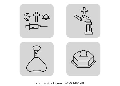 Collection of line icons representing different aspects of medicine, including religious symbols, prophetic hand holding cross, syringe, and laboratory equipment