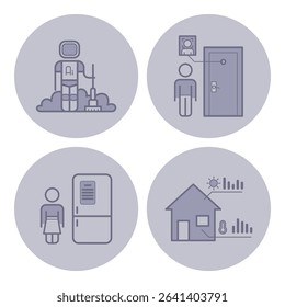 Collection of line icons representing different roles and activities including robot cleaner, person at door, refrigerator, and house with sun and temperature indicators